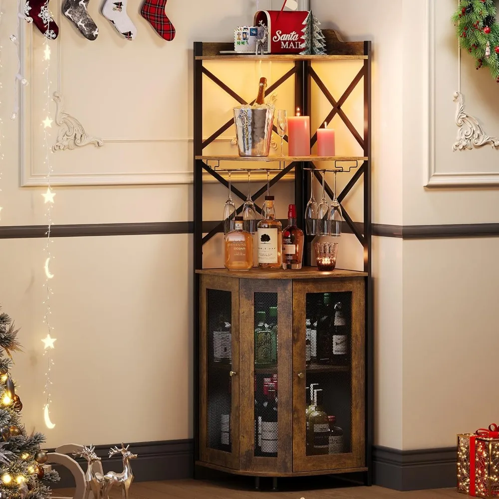 5단 러스틱 와인 바 캐비닛 LED 조명 및 유리 홀더 포함, 인더스트리얼 스타일 주류 보관함