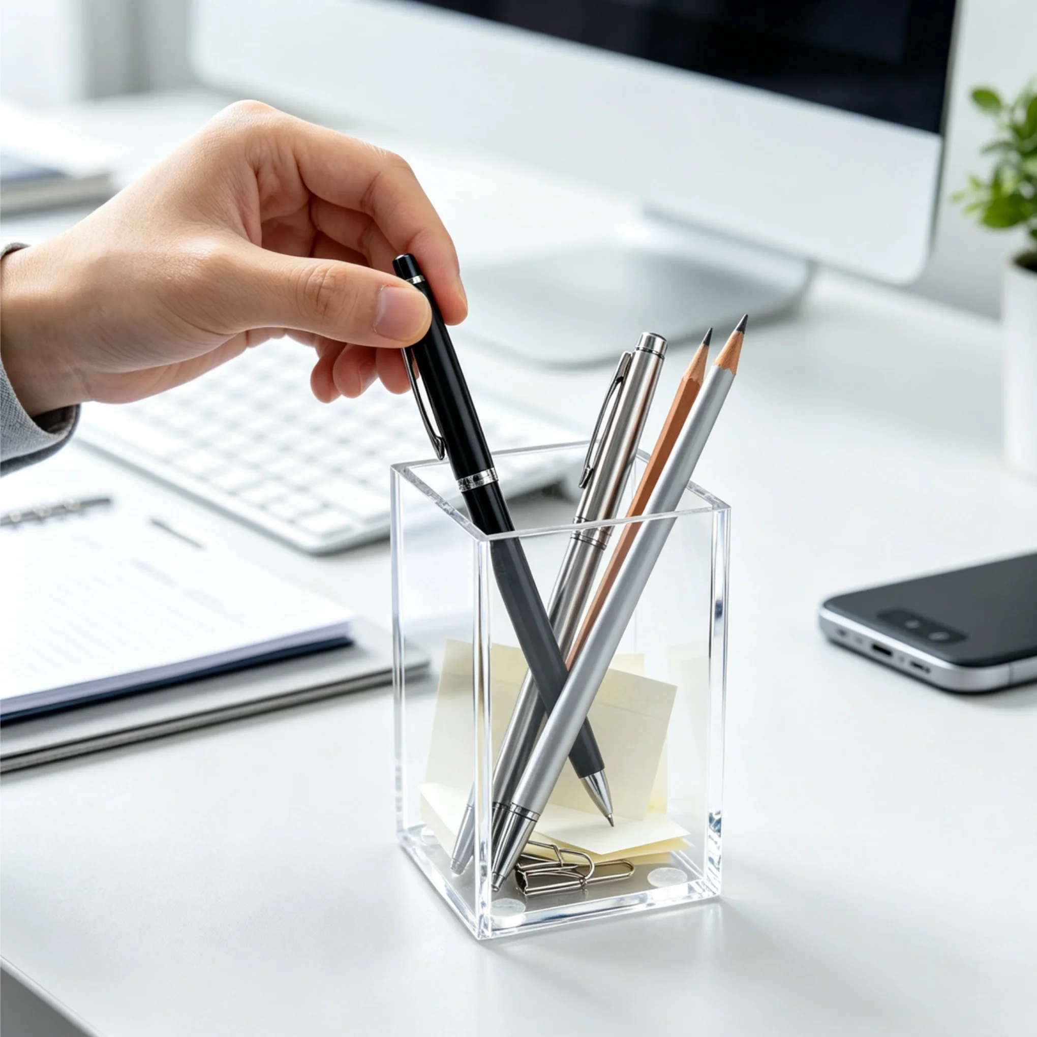 Simple Acrylic Transparent Pen Holder, Student Stationery Storage Cup, Office and Dorm Desk Organizer, Makeup Brush Storage Box