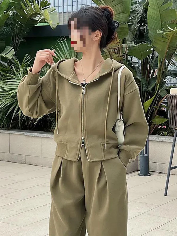 Casual Fall Winter Two Piece Set Korea Hooded Zip Sweatshirt Jackets Coats Tops Tracksuit High Waist Baggy Wide Leg Pants Suit