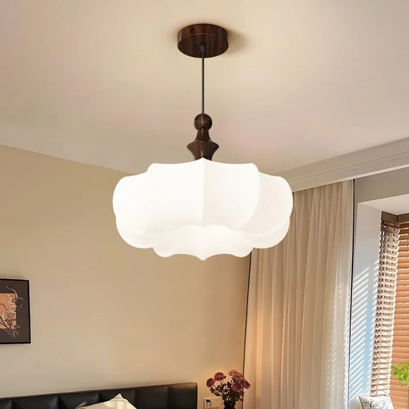 

SANDYHA Elegant French Wooden Pendant Lights LED Chandelier with Acrylic Lampshade for Bedroom Living Room and Dining Table