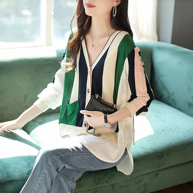 Comfortable V-neck Blouses Temperament Casual Button Patchwork Elegant Fashion Spring Summer Thin Striped Women\'s Clothing 2023