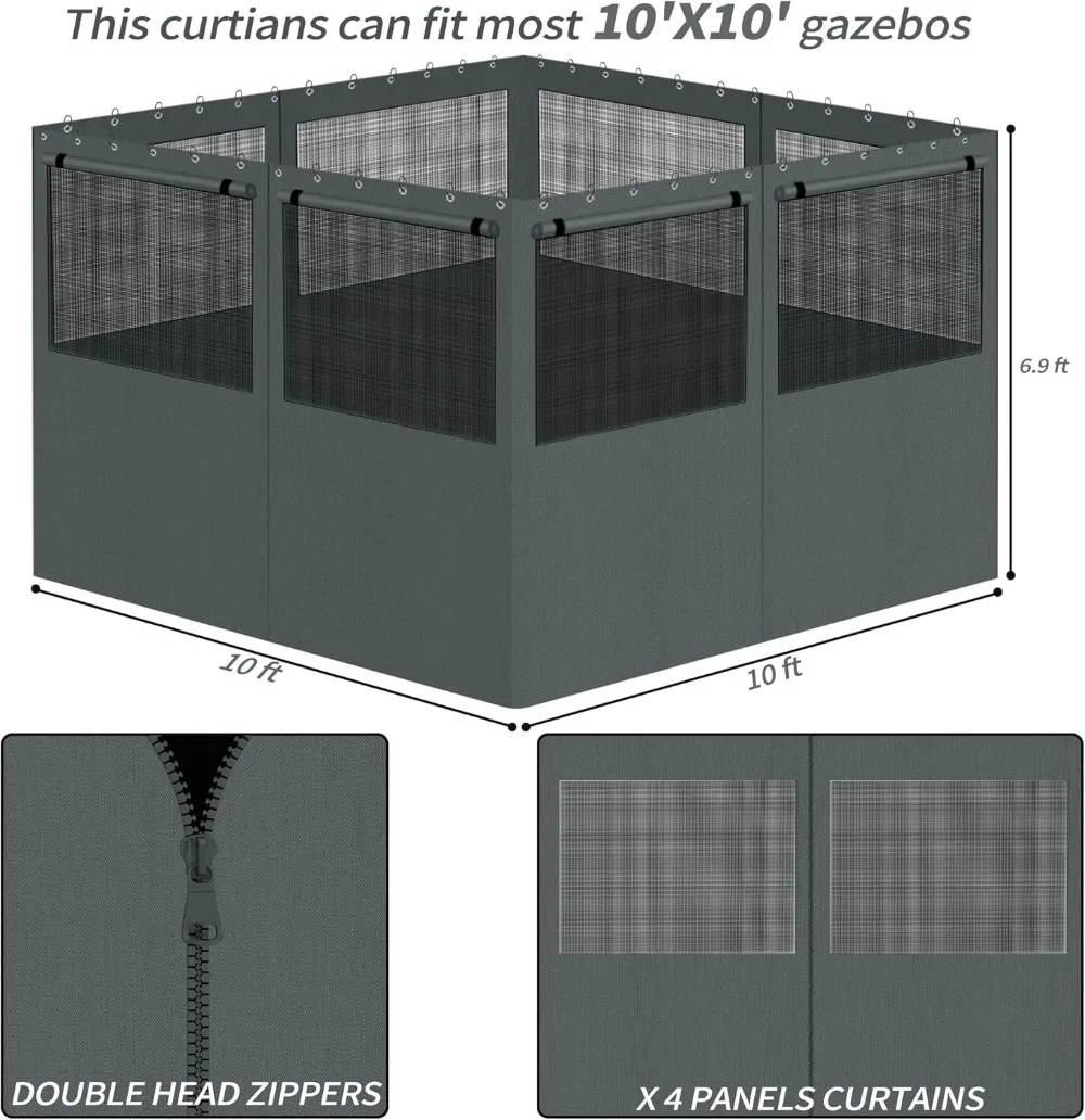 ستائر خصوصية أكشاك 10 × 10 مع نوافذ بعوض، بديلة مقاومة للماء والأشعة فوق البنفسجية مكونة من 4 ألواح لحديقة الفناء الخارجية #4