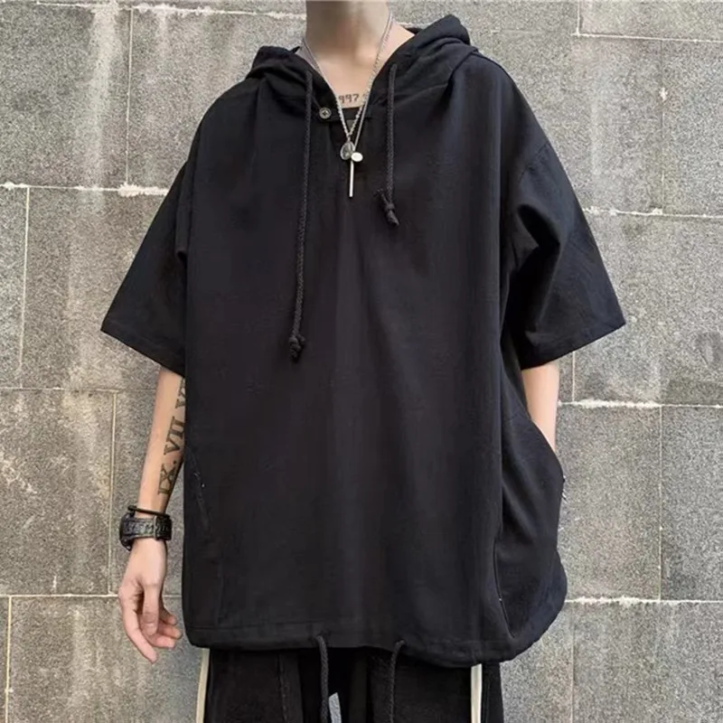 

High Street Dark Hooded Workwear Short Sleeved T-shirt Men's Instagram Fashion Brand Summer Thin Half Sleeved Men's Top Hoodies