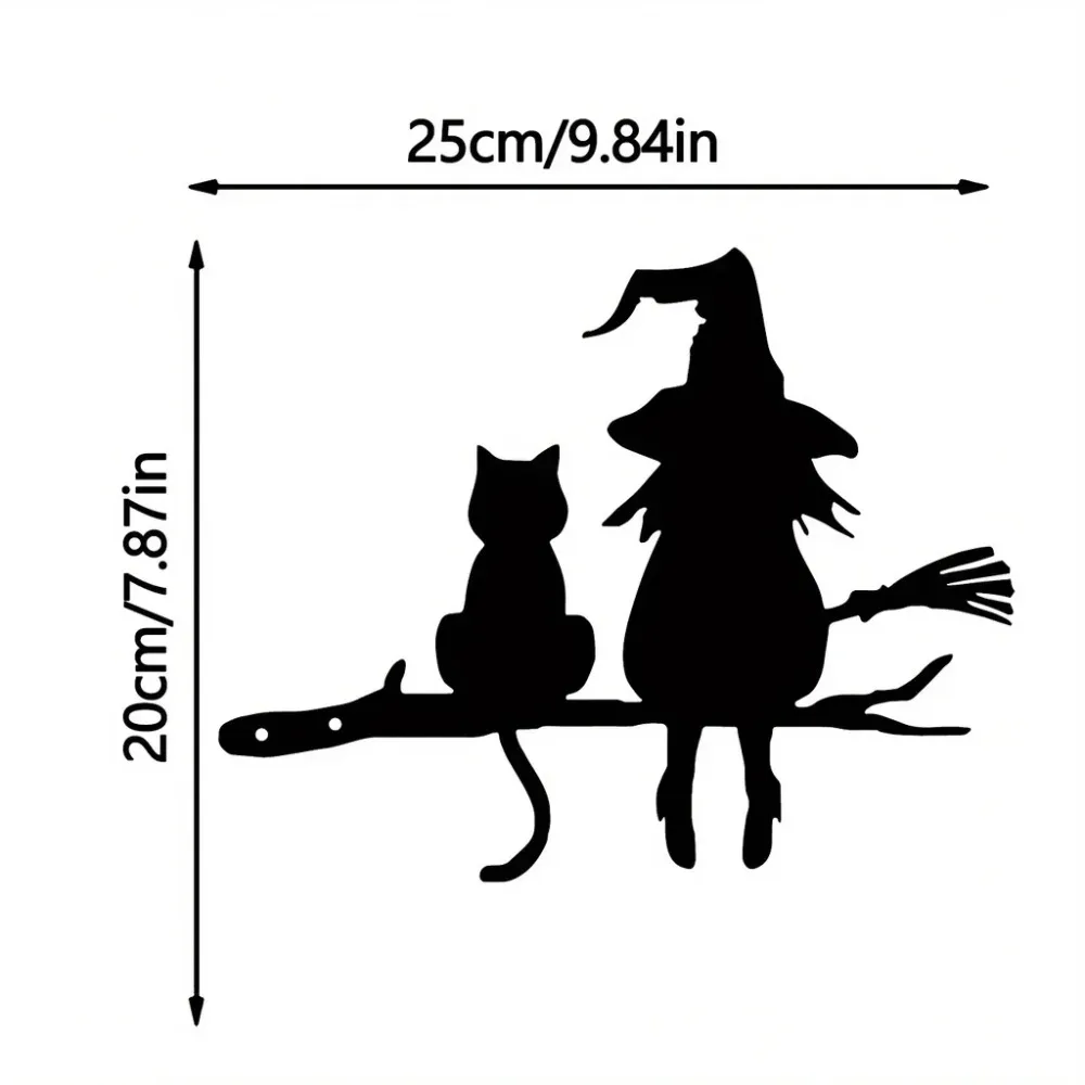 1pc Iron Silhouette Cute Witch And Cat Garden Stake On The Branch Yard Art Decor, Tree Stump Plug-in, For Garden Lawn Courtyard