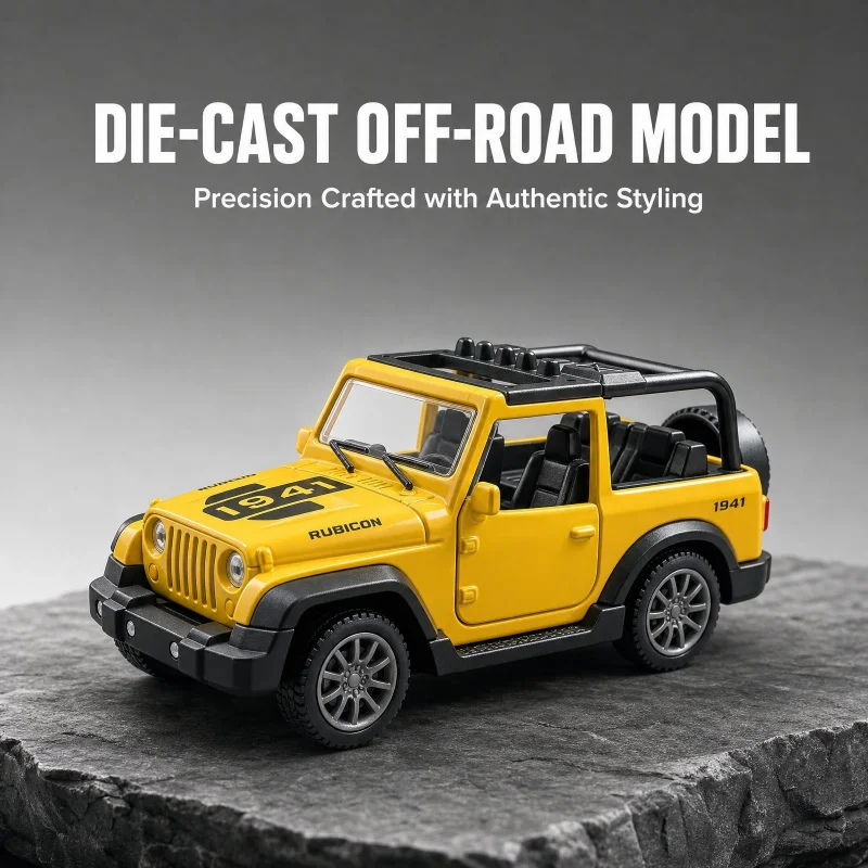1:36 retro convertible off-road alloy model car, metal body static display figurine with openable doors.