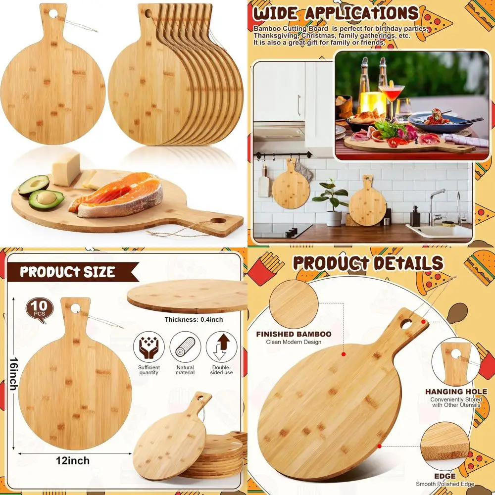 12 Bamboo Round Cutting Board with Handle, Set of 10, Ideal for Kitchen Prep, Baking, and Serving Pizza, Bread, Cake, Cheese, Fr