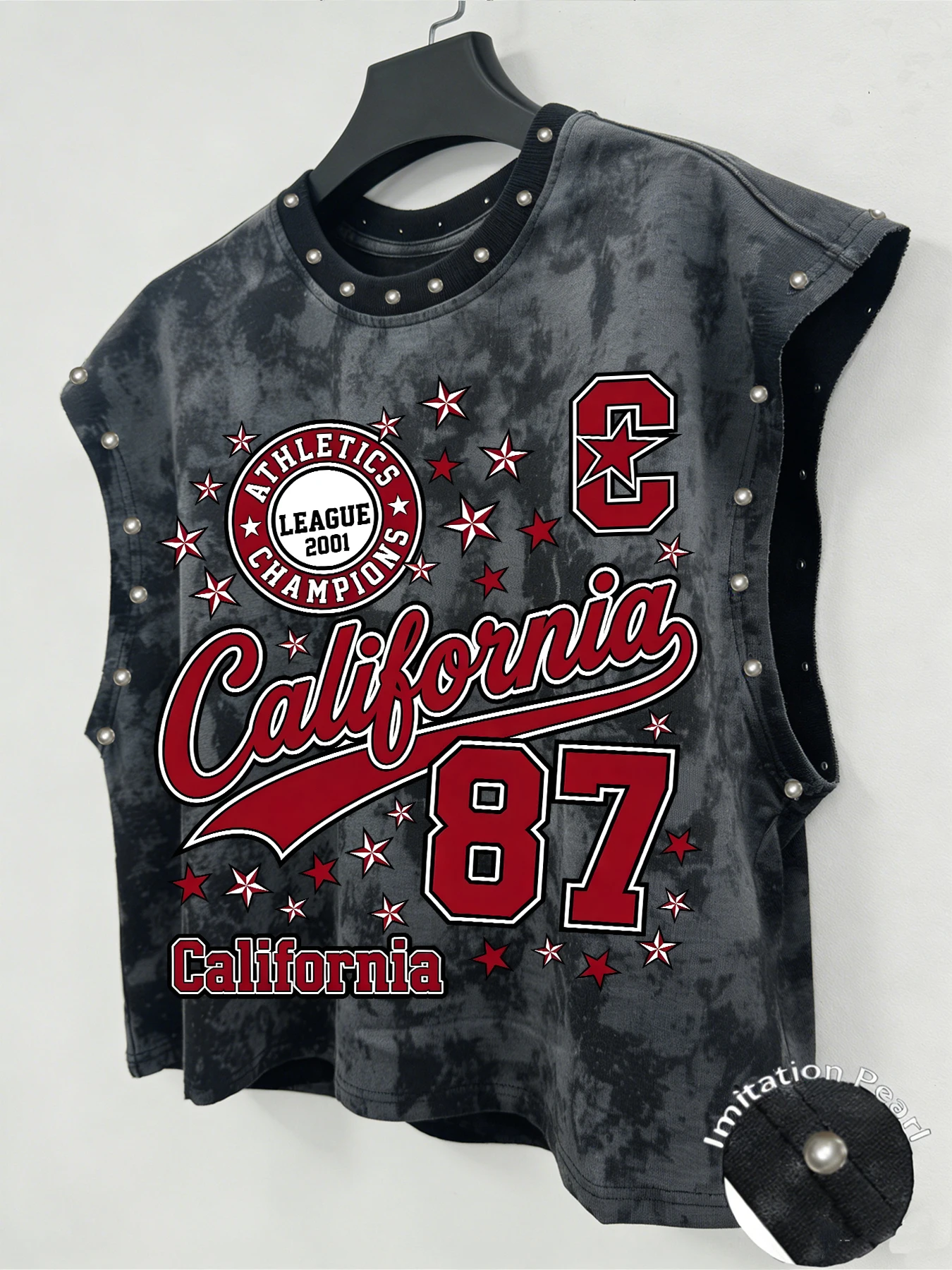 Tie Dye Sleeveless Tank Top, California 87 Varsity Print Imitation Pearl Trim Vest  tank top men mens clothing