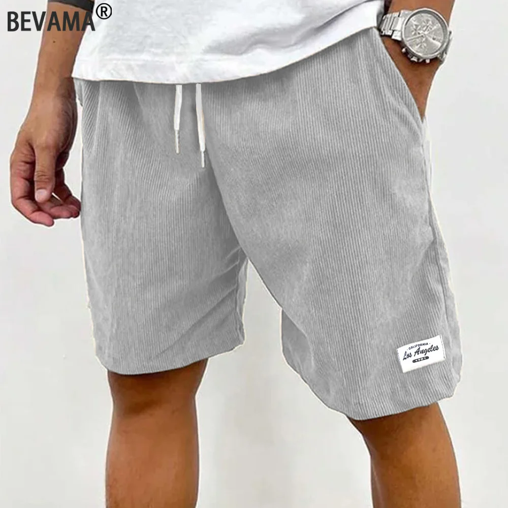 Men Solid Corduroy Casual Shorts Elastic Drawstring Waist Loose Knee Length Streetwear Walking Shorts with Pockets