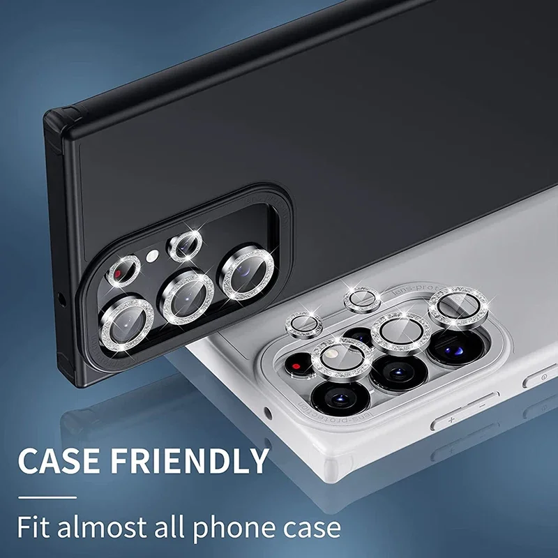 Vetro per obiettivo con glitter diamantati per Samsung Galaxy S25 Ultra Plus HD Protezione per fotocamera trasparente per Samsung S24 Plus Pellicola per obiettivo ad anello in metallo