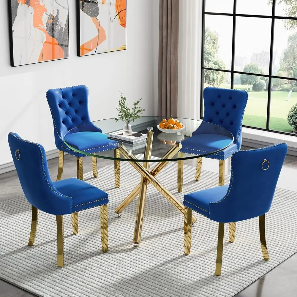

4-Seat Glass Dining Set - Round or Small Kitchen Table with Navy Blue Velvet Chairs