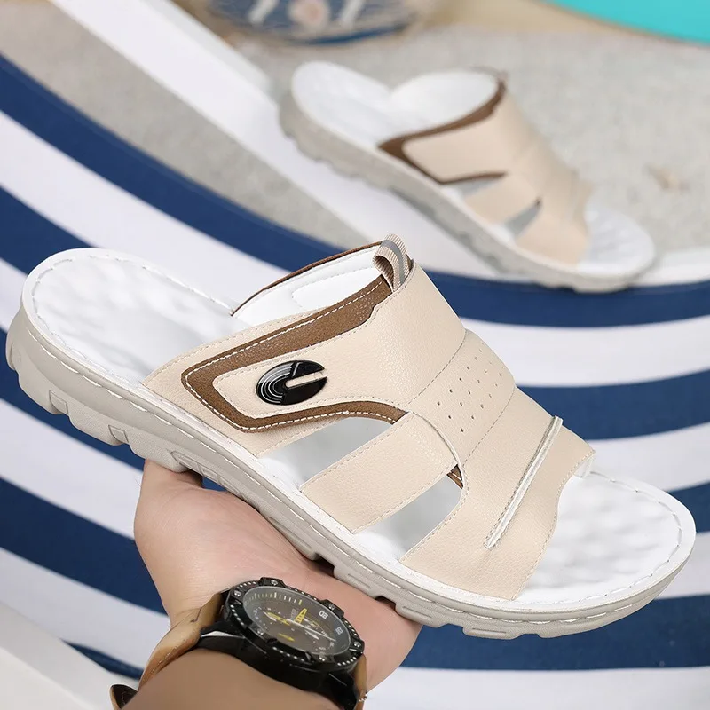 Large Size Men Slippers High Quality Cowhide Leather Slippers Summer Casual Beach Slippers Outdoor Non-slip Flat Sandals for Men image 3