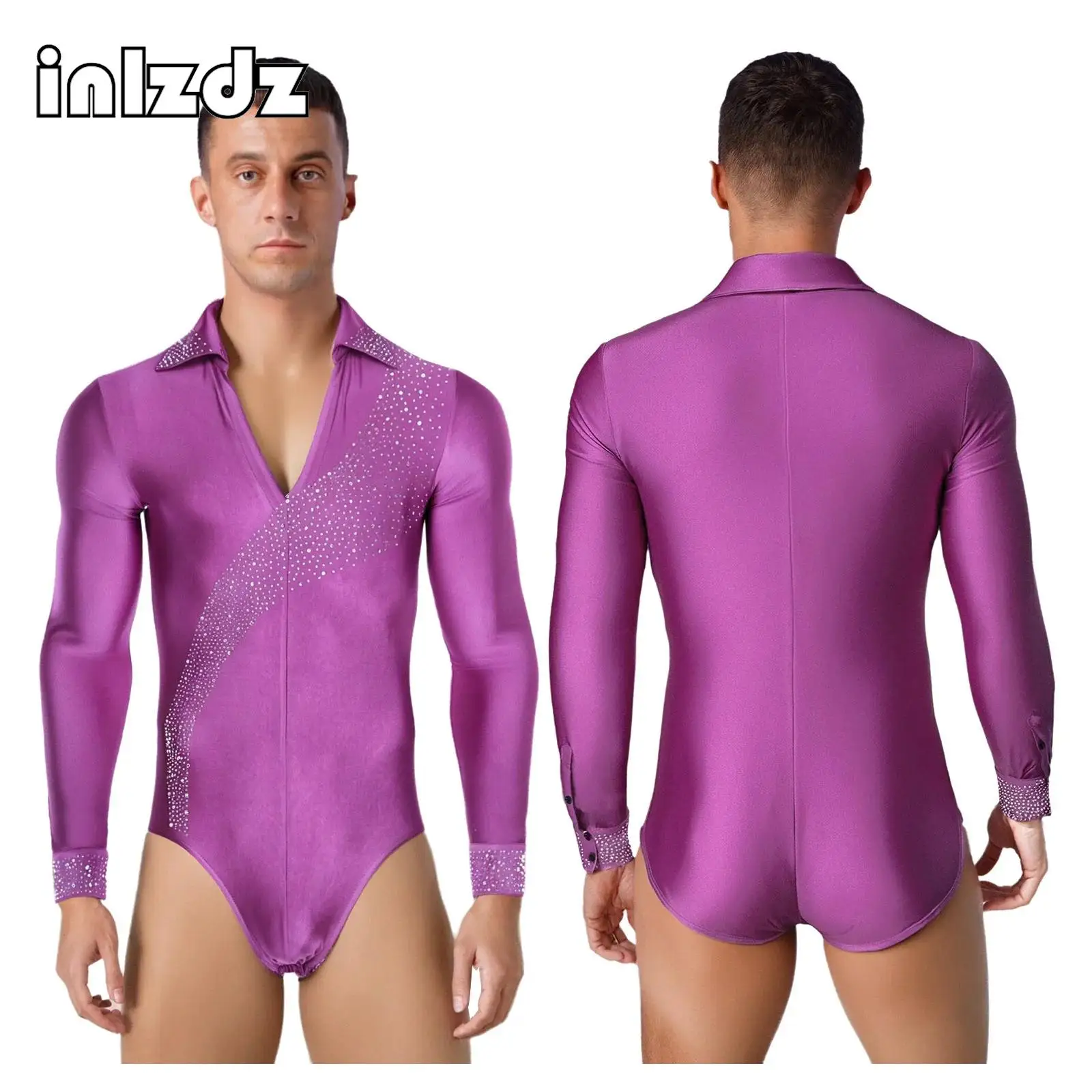 

Men Shiny Rhinestones Latin Dance Jumpsuit Long Sleeve Dance Bodysuit Modern Latin Dancewear for Competitions Dance Activities