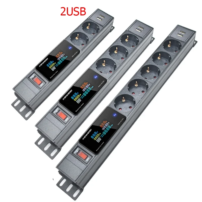 Cabinet Rack PDU Power Strip With 2USB 2/3/4/5/6/7/8 European Outlets Digital Voltmeter Ammeter Wattmeter C14 interface