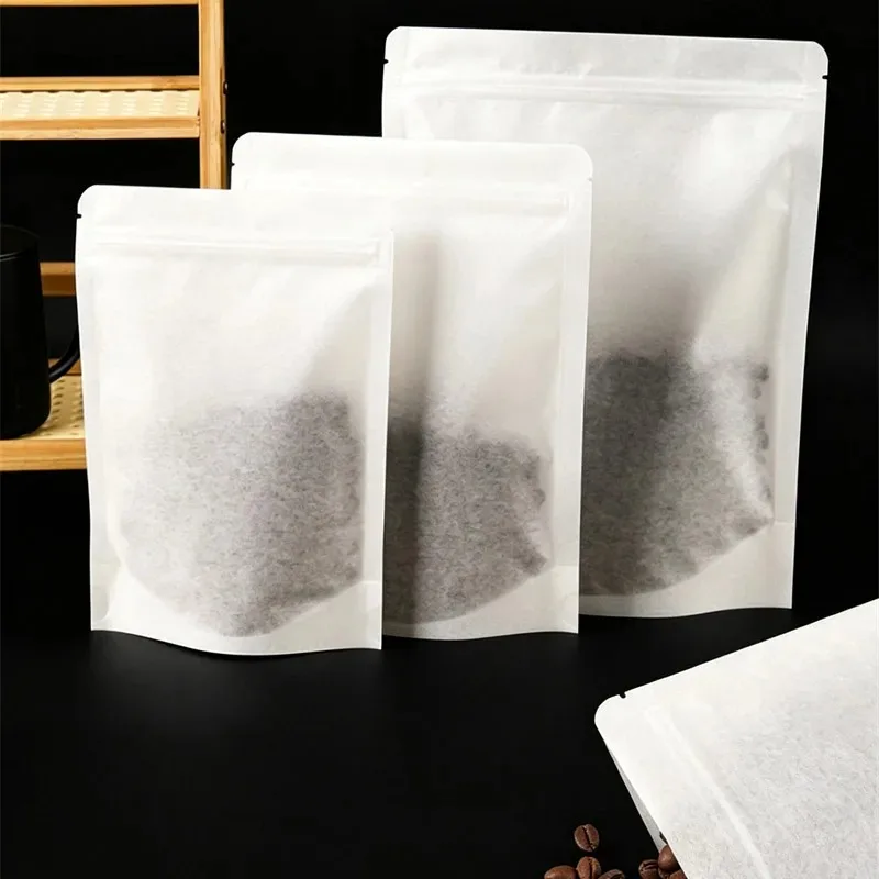 50pcs White Cotton Paper Coffee Beans Packaging Bags with/No Valve Sealed for Powder Nuts Tea Storage Stand Up Reusable Pouch
