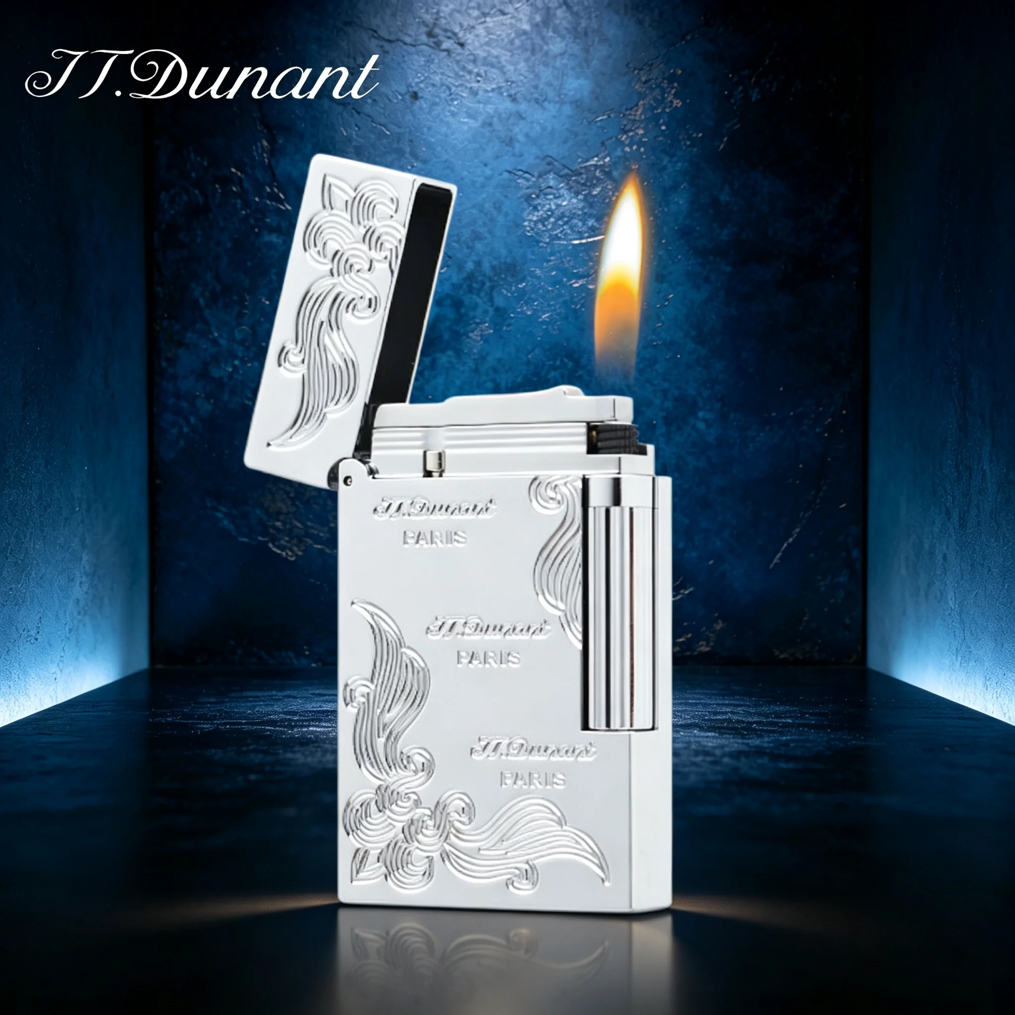 JT.Dunant Lighter Sliver Brass Clear Snap Sound Carved Refillable Butane  Gas Lighter  With Gift Box For Business