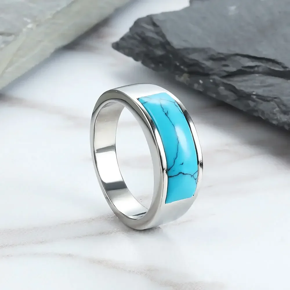 8mm Man Ring with Blue Turquoise High Quality Fashion Men Stainless Steel Party Birthday Gift Jewelry Wedding Ring for Women Men