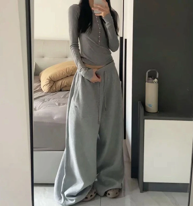 Y2K خمر فضفاض Sweatpants النساء الخريف جديد الكورية فضفاض بنطال ذو قصة أرجل واسعة الشارع الشهير عادية سستة يطير الإناث السراويل