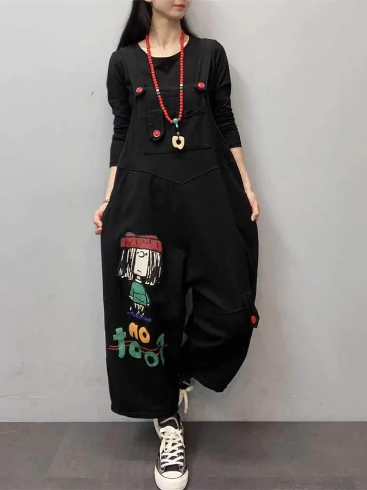 2022 Summer Cartoon Print Denim Overalls Women Clothes Loose Korean Fashion Hole Jumpsuits Female Jeans Rompers Streetwear New