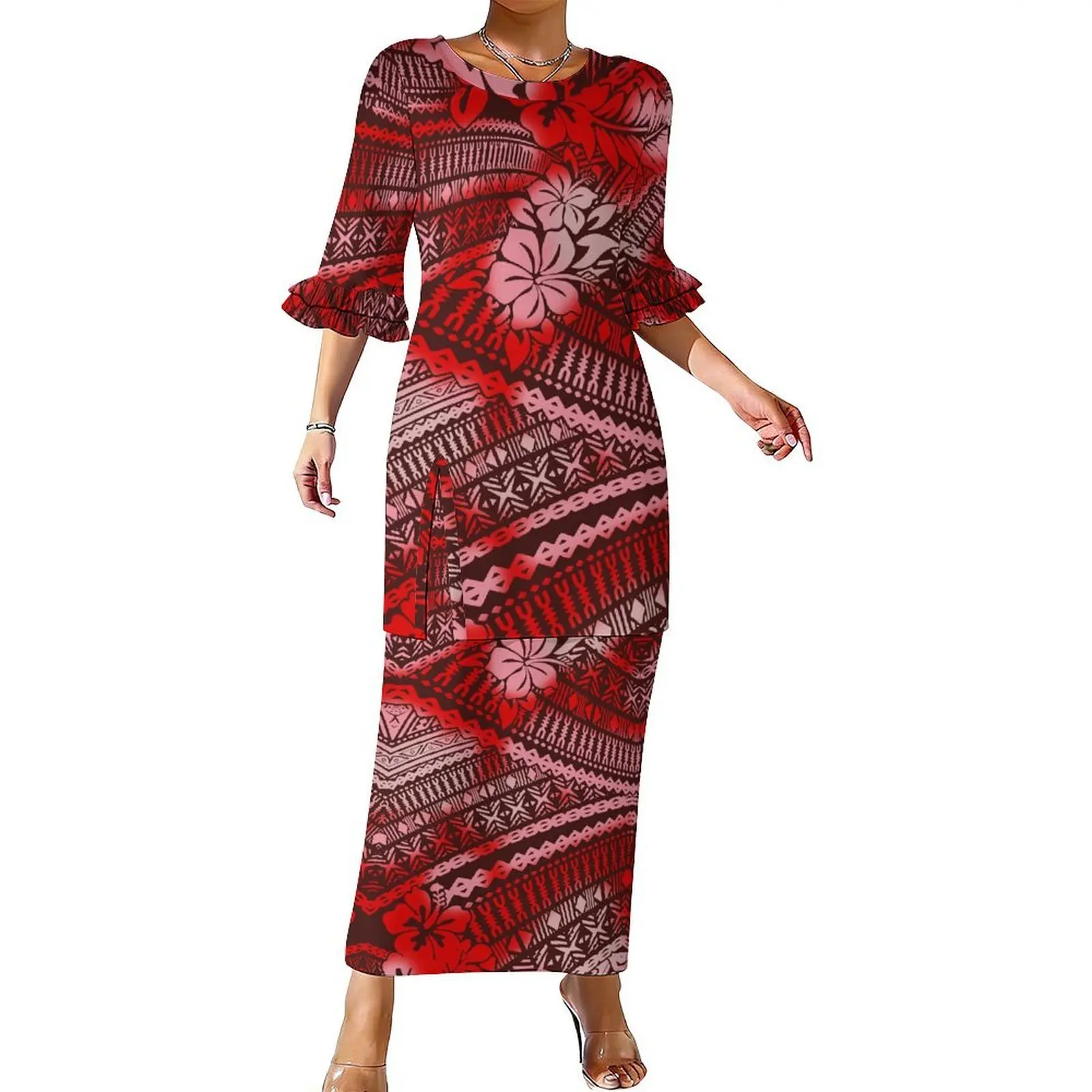 Polynesian Custom-Made Dress Pattern - Fashionable Double-Layered Ruffled Sleeves With A Waistline Design - Puletasi Set Skirt