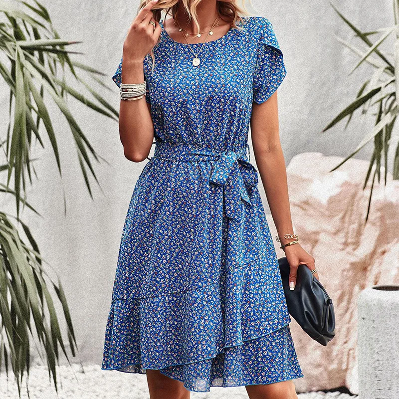 Elegante mini abito estivo da donna Boho Sexy bohemien o-collo Casual Beach Sundress Holiday Abiti a maniche corte con stampa floreale