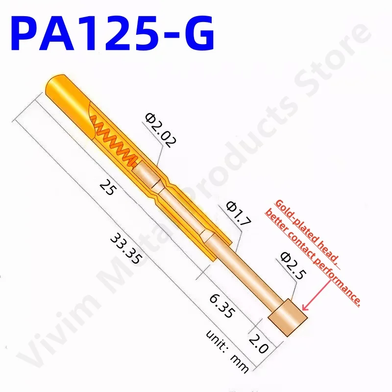 100PCS PA125-G Spring Test Probe P125-G Test Pin Metal Brass Test Tool 33.35mm Dia 2.02mm Needle Gold Tip Dia 2.50mm Pogo Pin