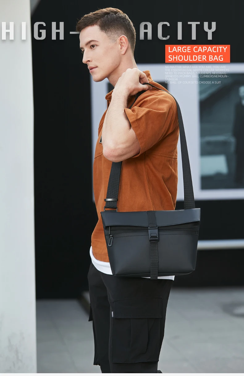 HcanKcan Umhängetasche für Herren, wasserdichte Umhängetasche, passend für 13-Zoll-Laptops, Hüfttasche, große Kapazität, Messenger-Tasche, schwarze Seitentasche – Detail 1