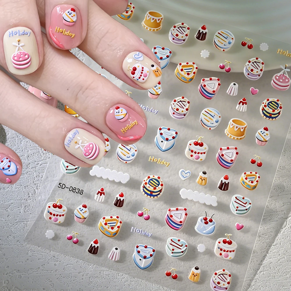 1pcs Lovely Cartoon Desserts Cakes Nail Sticker 5D  Chocolate Ice Cream Doughnuts Pudding Cake Nail Decals Sweet Nail Decoration