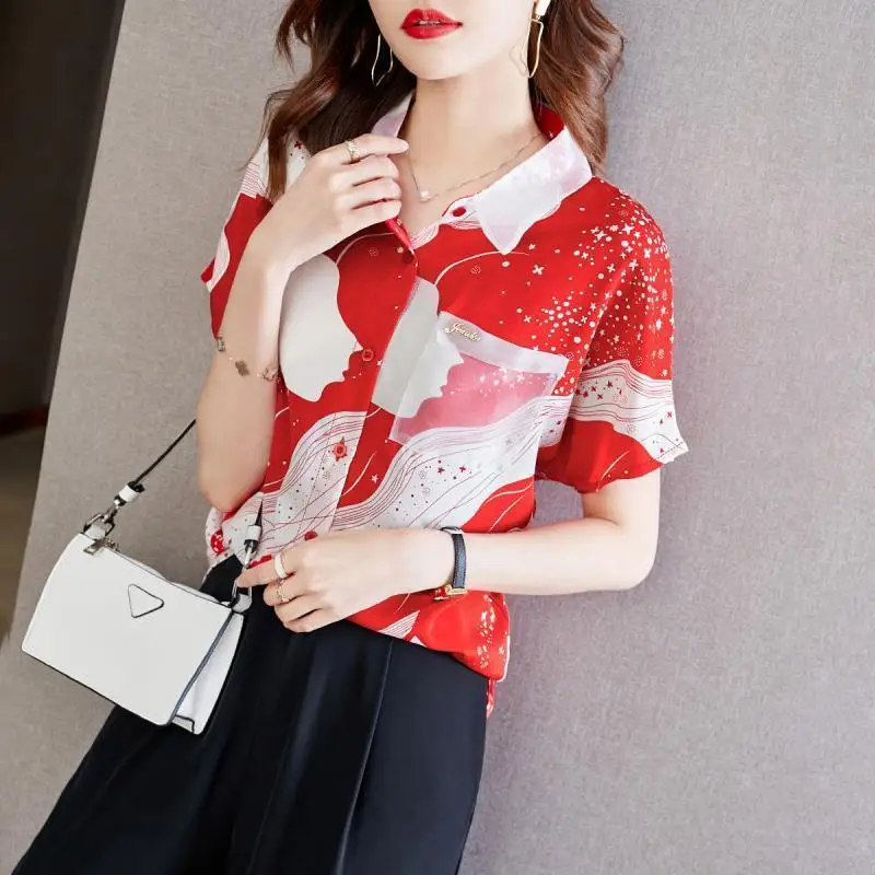 Vintage Printed Spliced Pockets Gauze Lapel Diamonds Oversized Chiffon Shirt Summer Casual Tops Loose Commute Women\'s Blouse