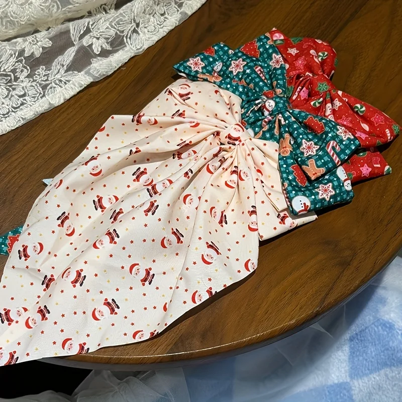 Weihnachts-Haarspangen mit doppellagiger Schleife für Weihnachtsmann und Schneemann – bedruckter Urlaubs-Haarschmuck mit roter und gestreifter Schleife aus Stoff – Detail 4