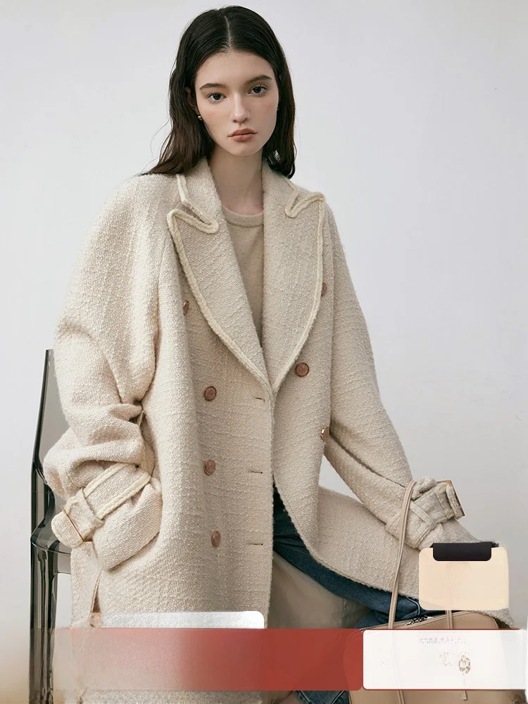 

Elely Long Woolen Coat for Women Sweet Sle Vever Mouton Rod Loom Winter Outerwear Double Breasted Polyester Blend