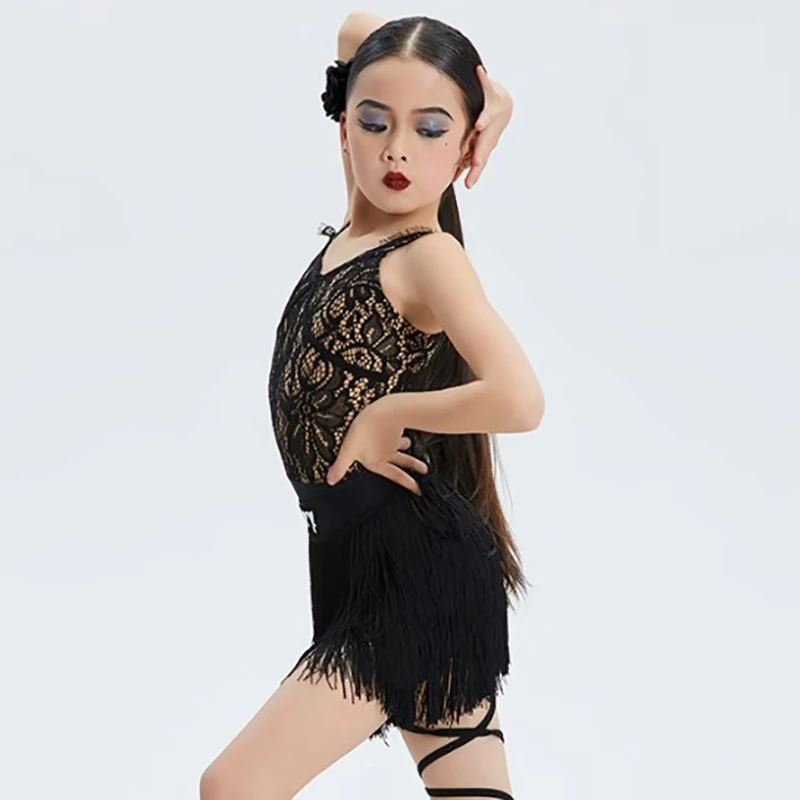 

Детское кружевное боди для латинских танцев для девочек с открытой спиной и юбкой с кисточками, тренировочная одежда для бальных танцев, костюм для соревнований