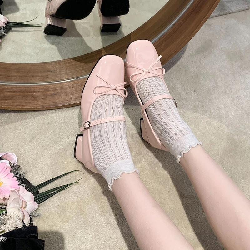 Bow-knot High-heeled Patent Leather Block-heeled Single Shoes for Women 2025 Spring New Style with Skirt Shallow Mary Jane Shoes view 5