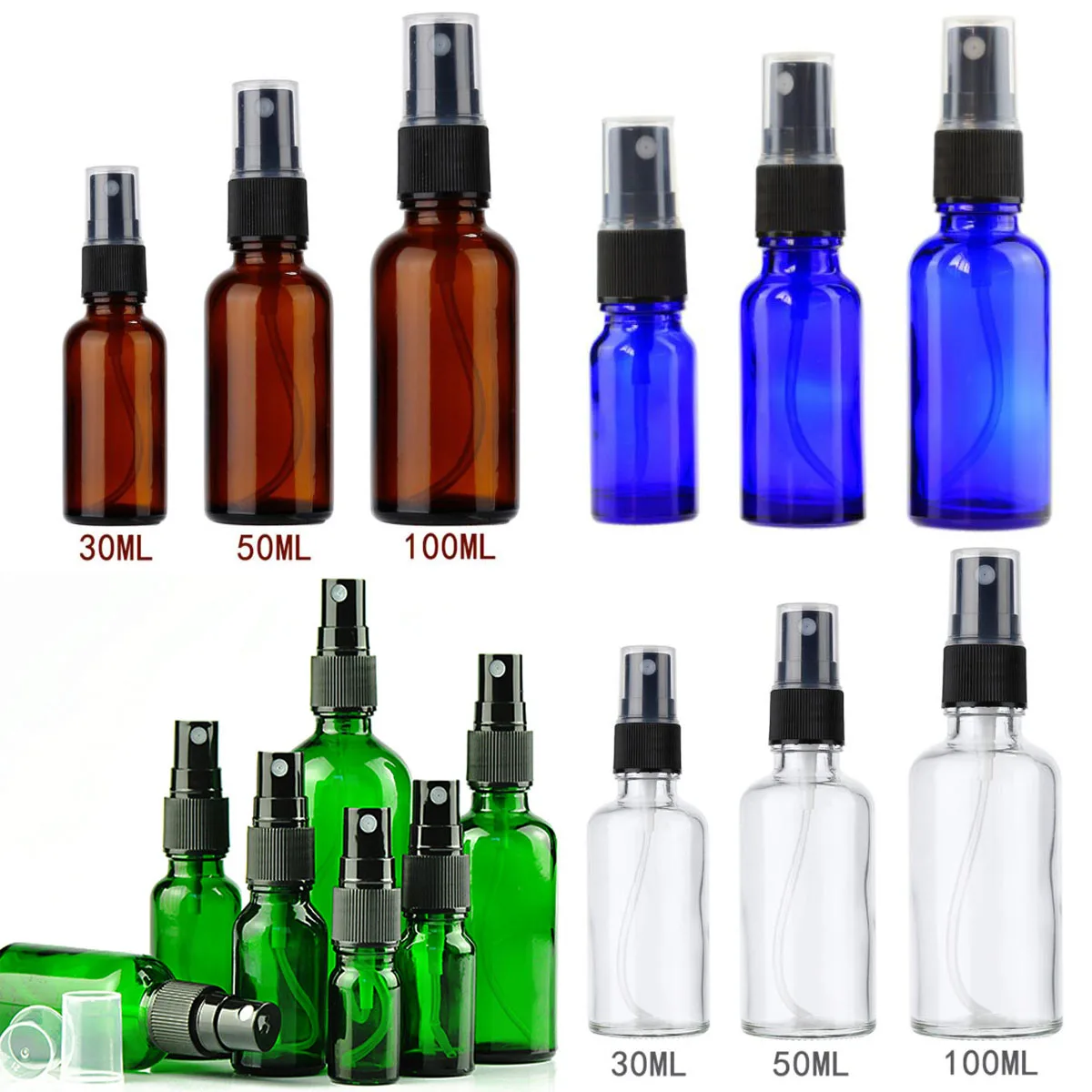 10X5/10/15/20/30/50/100ML Blue/Green/Transparent/Amber Glass Spray Bottle Essential Oil Sprayer Portable Refillable Travel Bottl