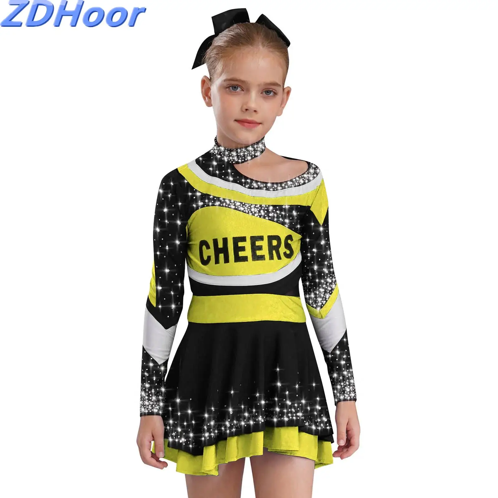 

Kids Girls Cheerleading Outfits High School Stage Performance Costume Long Sleeve Letter Print Color Block Top with Skirt