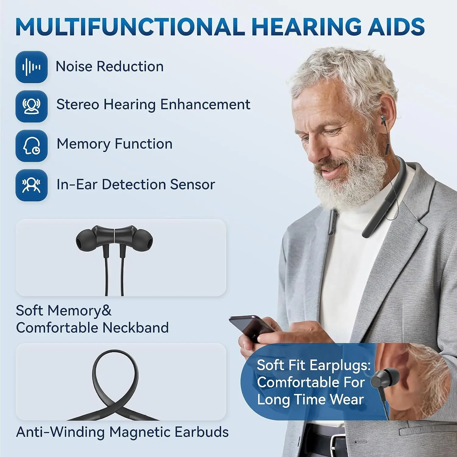 Bluetooth Rechargeable Hearing Amplifier & Aids with App control Wireless Aid Hearing Neckband Sound Amplifier for Hearing Loss