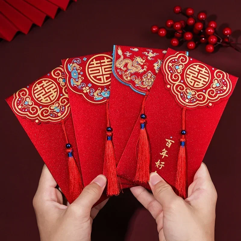 5 Stuks Rode Bruiloft Enveloppen Met Kwast Chinees Geluk Geld Zak Papieren Enveloppen Zegen Zak Hongbao Geschenken Verpakking