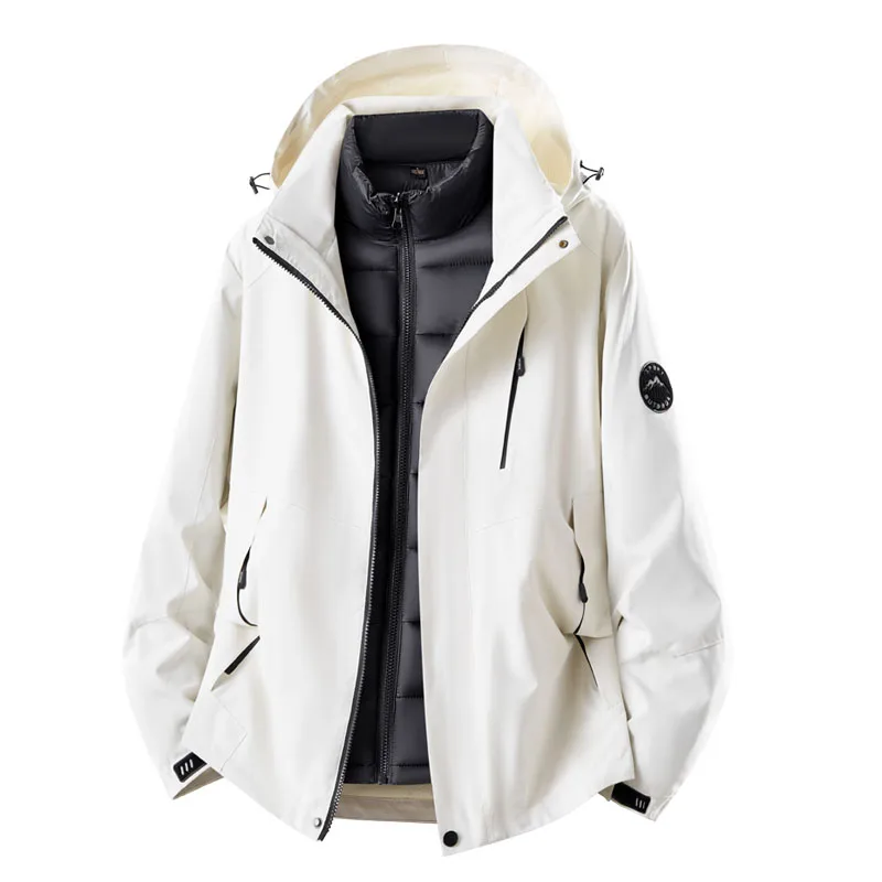 Unisex 3-in-1 Kapuzenjacke mit abnehmbarem, gepolstertem Innenmantel, farblich abgesetzte, wasserdichte, winddichte Jacke mit Reißverschluss für Männer und Frauen zum Wandern und Camping. – Detail 10