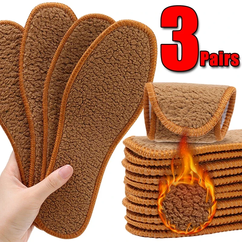 

3pairs Winter Soft Plush Warm Insoles for Women Men Elastic Shock Absorbing Breathable Alpaca Wool Snow Boots Insole 35-45 Sizes