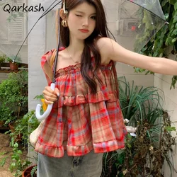 Plaid Camis Women Vintage Hotsweet Summer Mori Girl Style Harajuku Loose Korean Version Popular Streetwear Casual All-match Ins