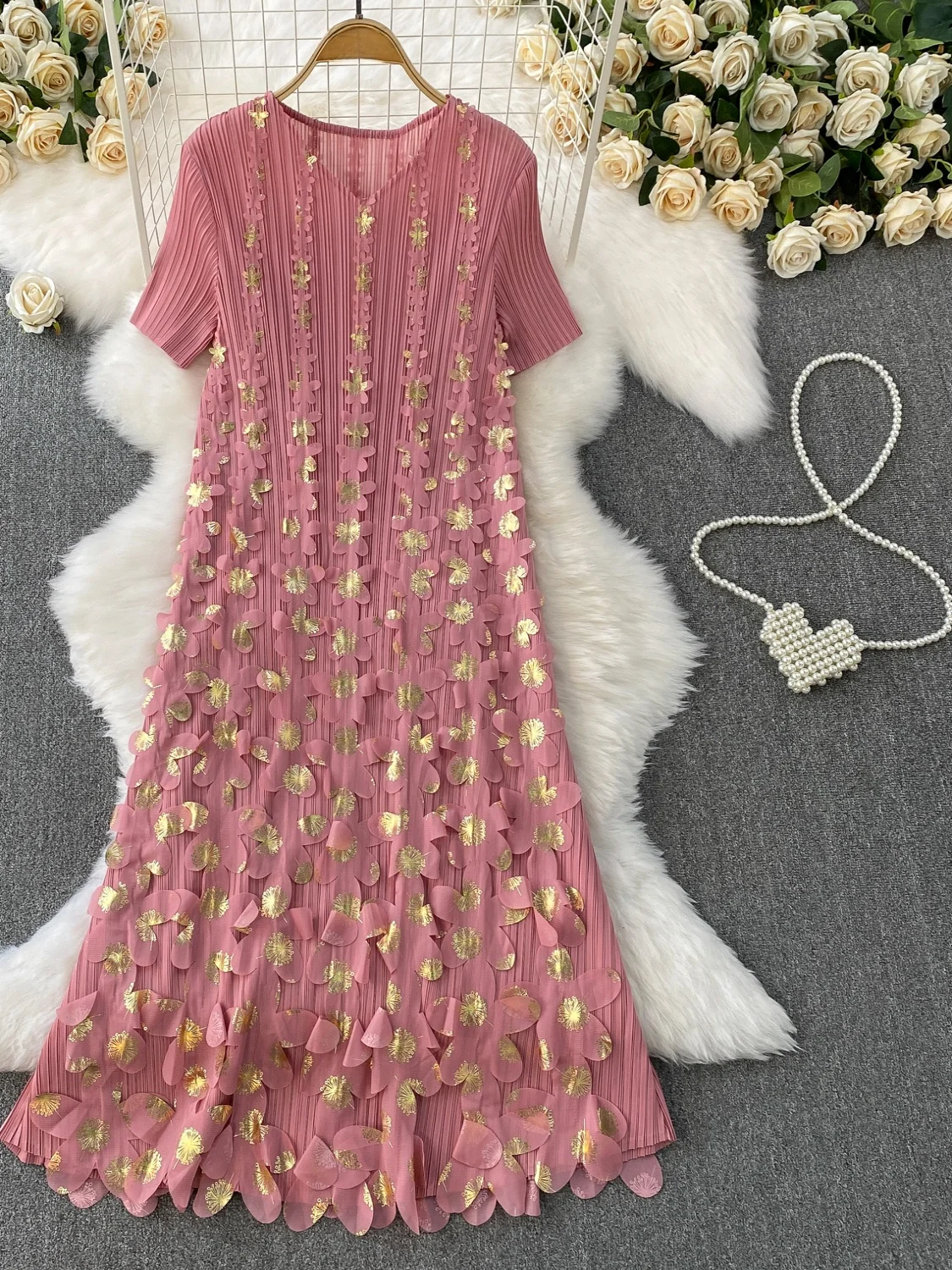 

Ele Pleated V-Ne Dr Women Summer Heavy Gold Eming 3D Flower Slimming Long Dr Korean Sle High Waist A-Line S...