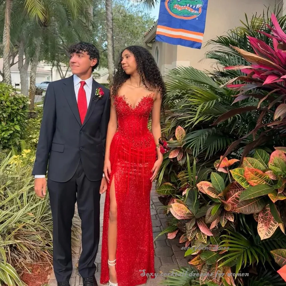 Sexy Pailletten-Stickerei-Abendkleider mit Schlitz, Meerjungfrau, formelles Cocktailkleid für Damen, Spitze, herzförmig, individuelle Ballkleider