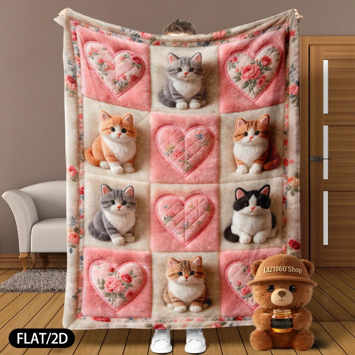 cobertor-de-flanela-com-estampa-digital-2d-de-gato-coracao-e-flor-varios-tamanhos-estilo-campestre-doce-poliester-macio-e-quente-para-uso-em-casa-quarto-e-carro