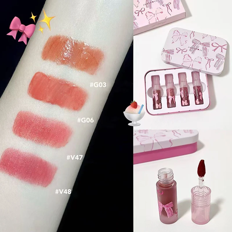 Judydoll Lip Glaze Geschenkbox, Spiegel-Lipgloss, Lippenstift-Make-up-Set, aufpolsternder Effekt und auf Wasserbasis, nicht klebende Textur, 1,5 ml x 4 Stück