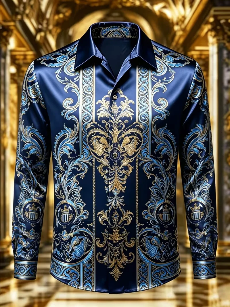 New Red Lotus Cross Baroque Vine 3D Printed Long Sleeve Shirt with Smooth Drop and Satin Collar for Men