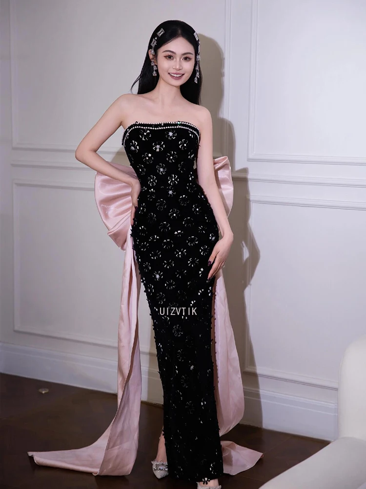 فستان سهرة طويل للنساء أسود بأكمام قابلة للانفصال حورية البحر ثوب مسائي فاخر بفيونكة كبيرة طول الأرض لؤلؤ فساتين لحضور الحفلات الموسيقية