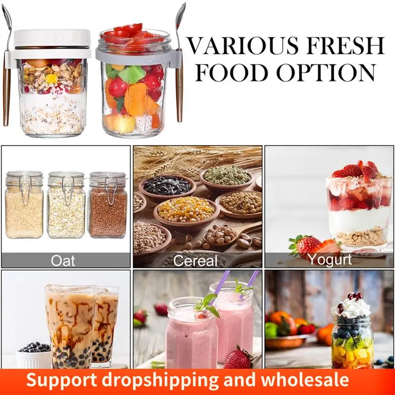 AA86 4PCS Overnight Oats คอนเทนเนอร์ Overnight Oat Jars พร้อมช้อน Airtight ข้าวโอ๊ตที่มีเครื่องหมายการวัด