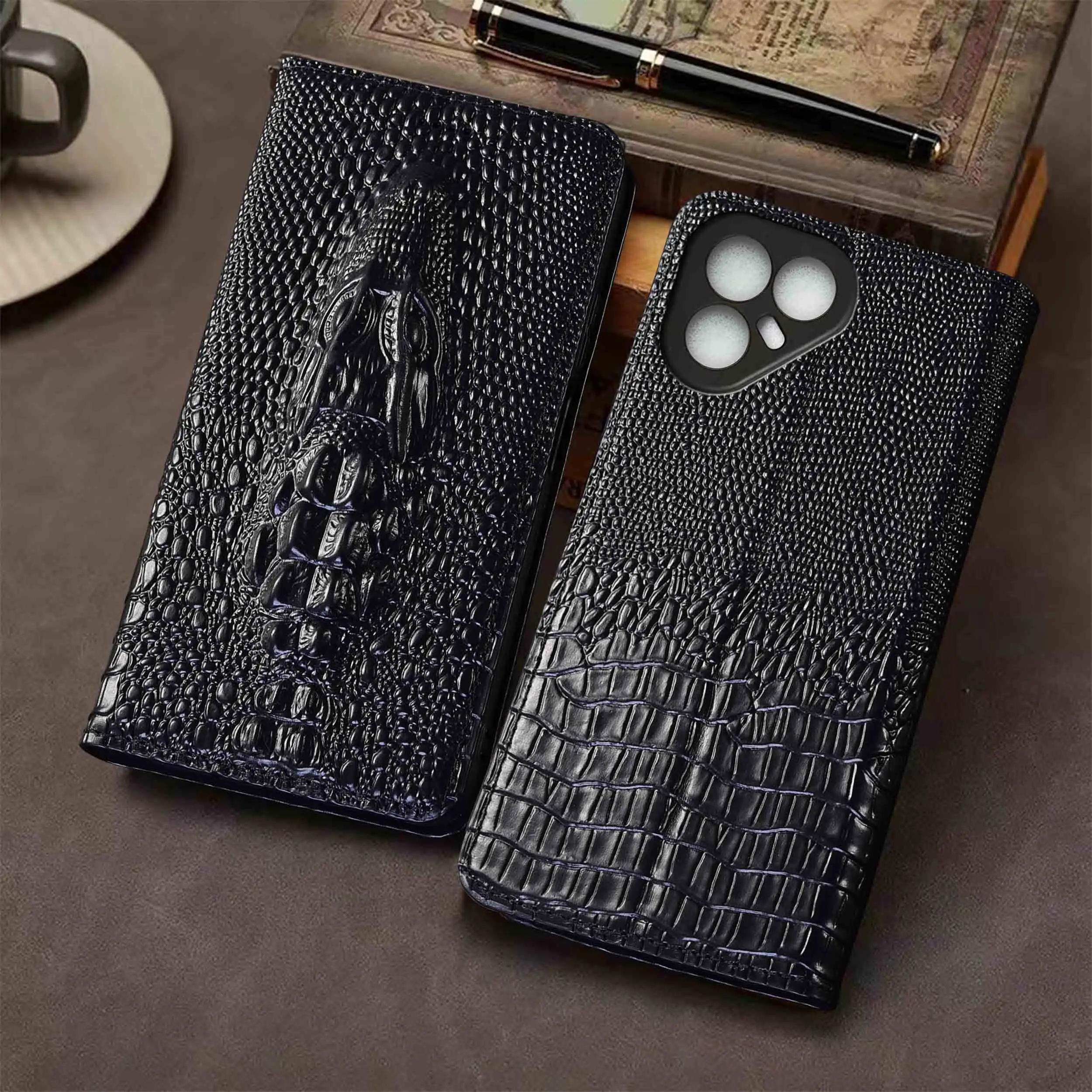 

For Tecno Pova 2 3 4 5 6 7 Neo Pro Ultra 4G 5G Crocodile Head Pattern Of Genuine Leather Flip Phone Case Cowhide Scratch-Proof