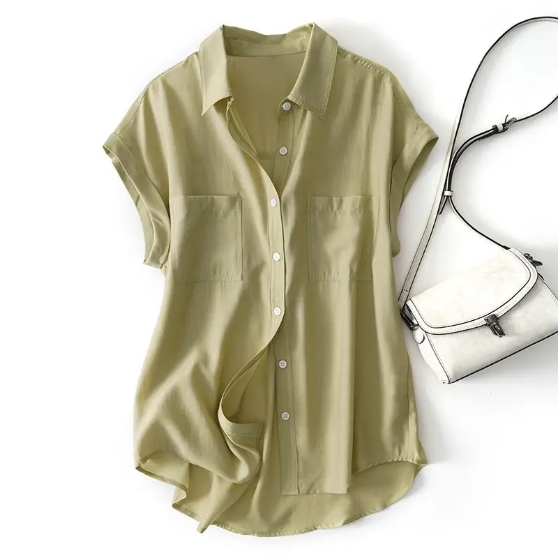2024 New Simplicity Office Lady Summer Solid Color Women\'s POLO Collar Pockets Fashion Versatile Single Breasted Shirt Tops