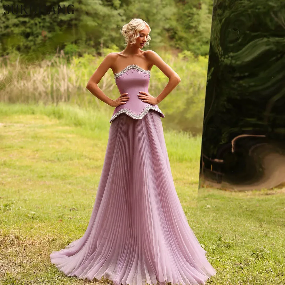 

SUKUHANG Pink Long Dubai Evening Dress Strapless A-Line Chiffon Prom Party Dresses Floor Length Beaded Customized