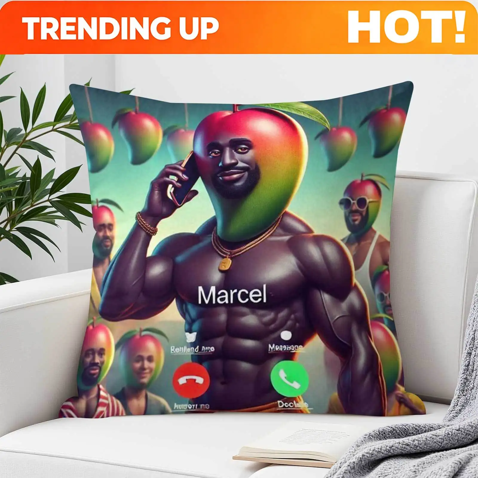 Customize 1pc Playful mango Marcel call print square pillowcase, double-sided printing, suitable for bedrooms, sofas, dorm rooms